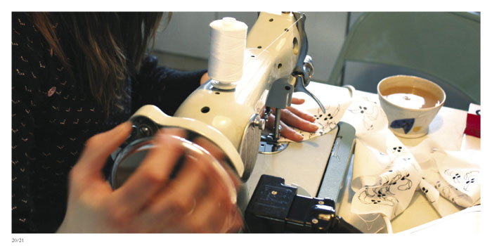 Coco Crampton sewing a dress of my fabric design, March 2006